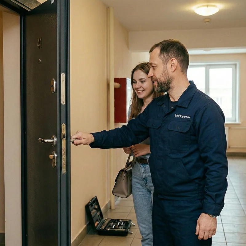 Специалист по вскрытию замков открывает дверь