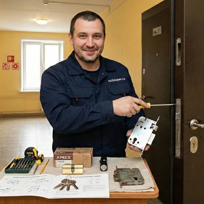 Мастер меняет старый замок на новый